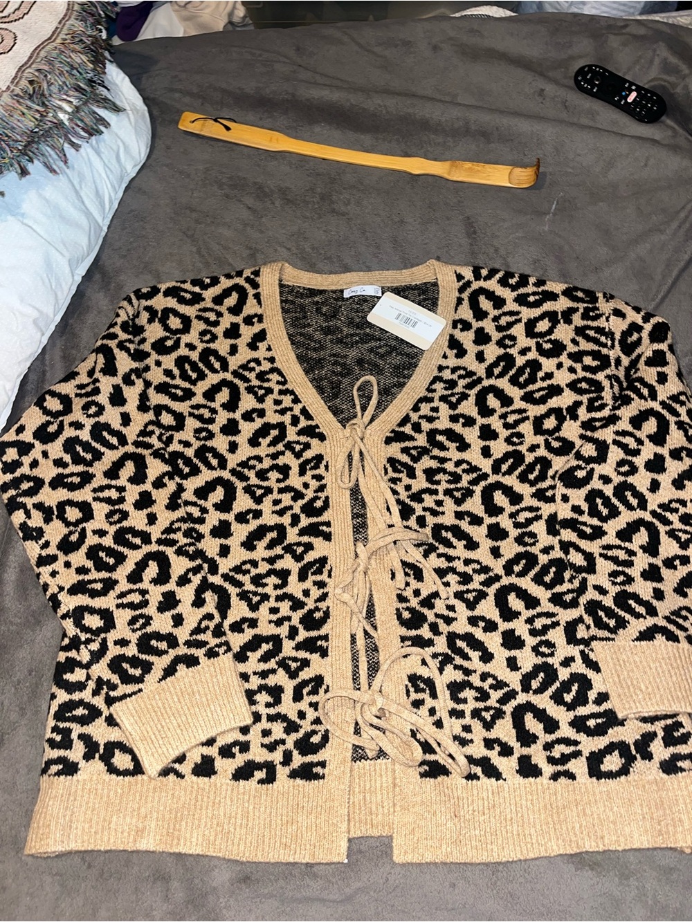 Leopard Tie-Front Cardigan Sweater - Beige/Black